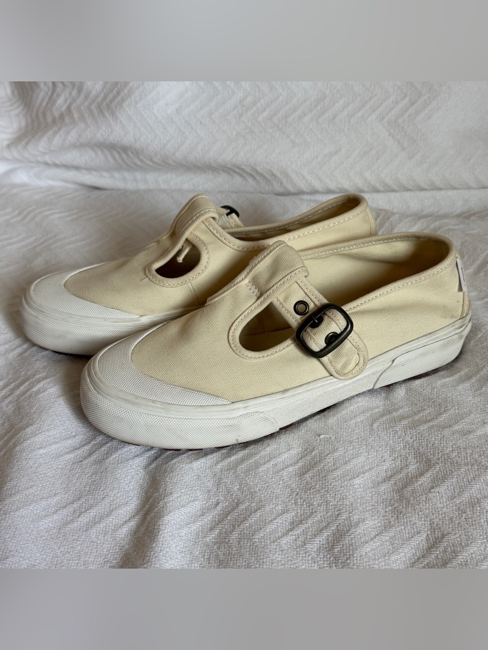 Vans Cream Canvas Platform Mary Jane with Black Buckle
